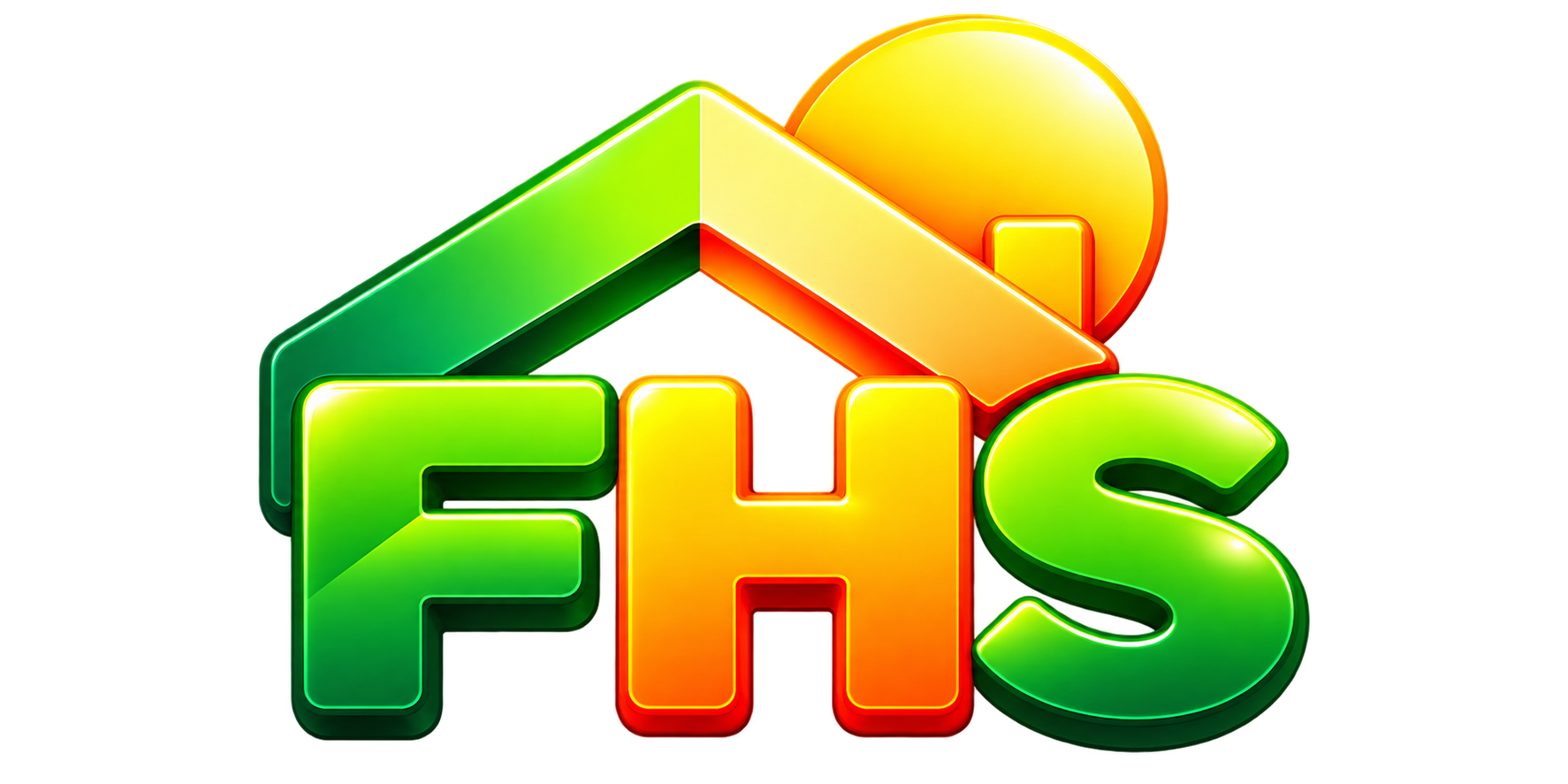 Logo FHS : maison, soleil et lettres vertes et dorées